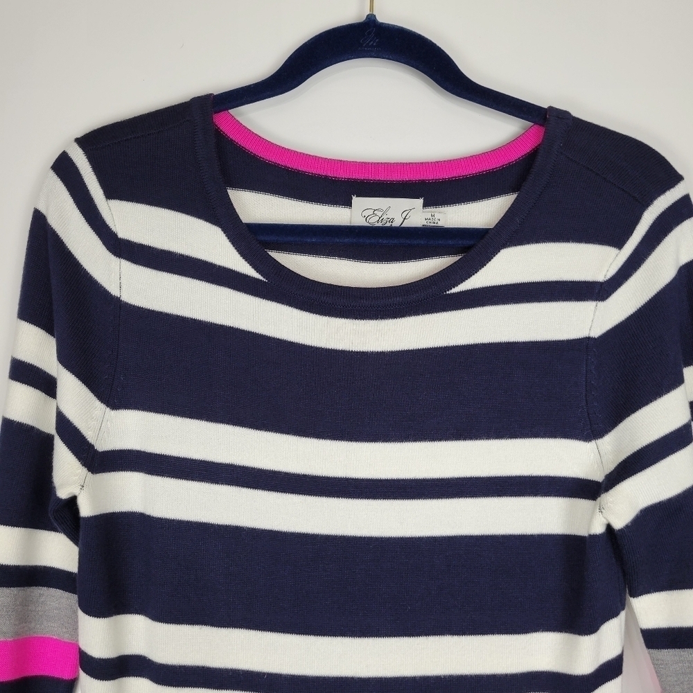 Eliza J Women's Navy Striped Pink/Gray/Cream Long Sleeve Sweater Dress Size M - Picture 3 of 10